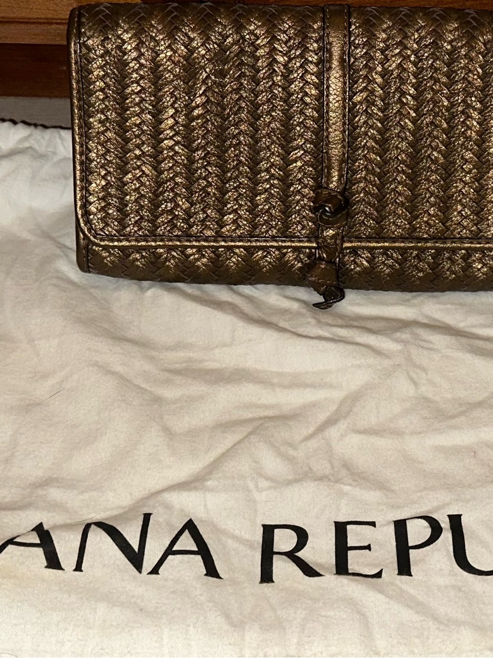 Banana Republic Metallic Bronze Woven Leather Clutch Evening Bag + Dust Bag